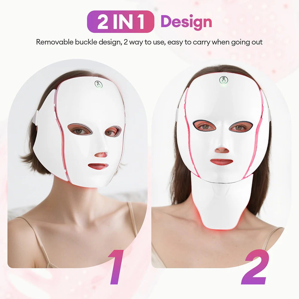 White LED facial beauty mask and neck mask shown together in a two-piece design.