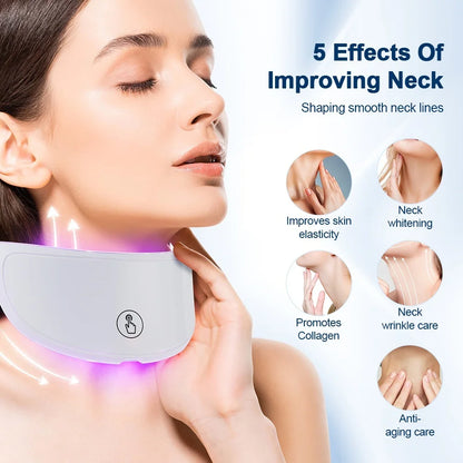 7-Color LED Facial and Neck Therapy Mask showing a woman using a purple LED neck device