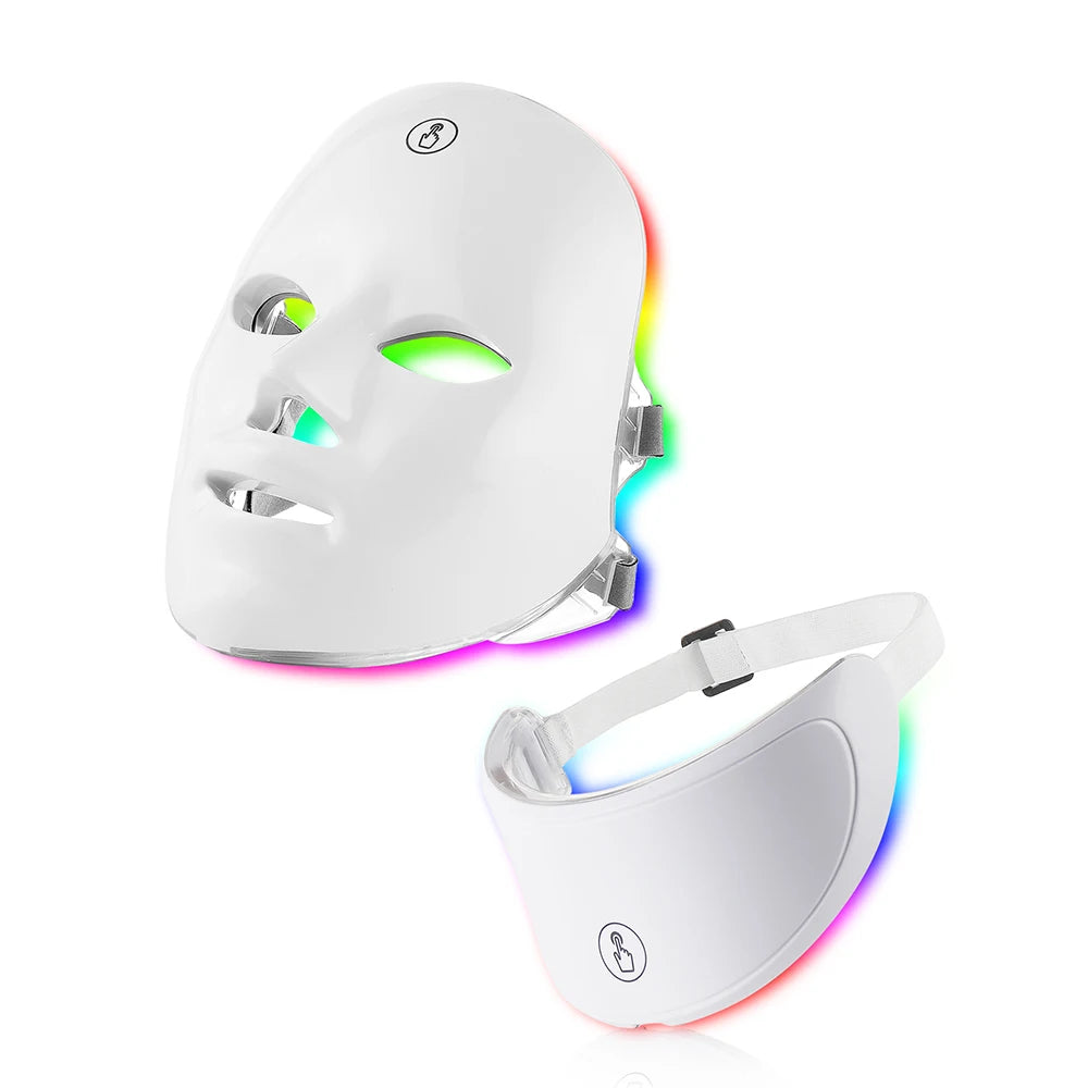 7-Color LED Facial and Neck Therapy Mask illuminated in different LED colors