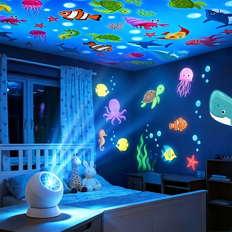 Ocean-themed LED night light projecting blue underwater scenes onto a child&