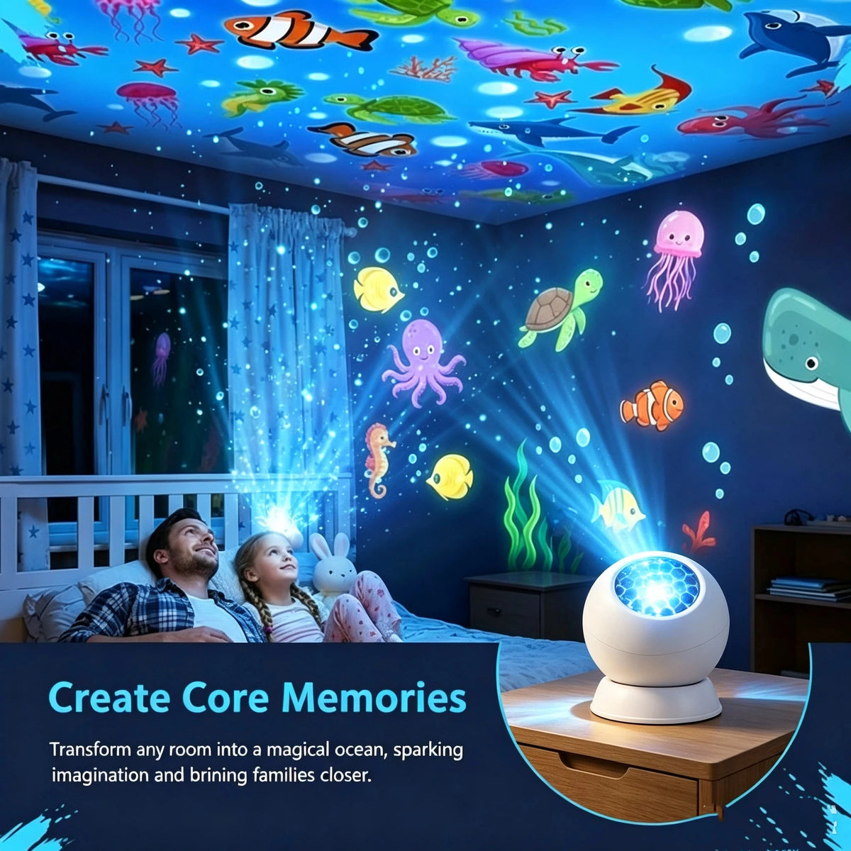 Ocean star LED projector creating colorful underwater ocean lights on a child&
