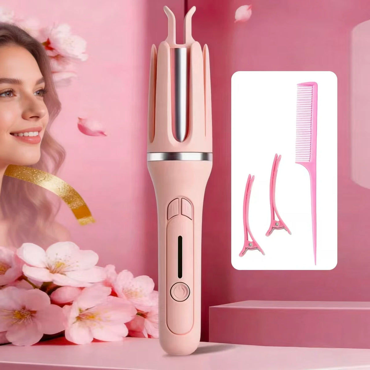Pink automatic hair curler displayed against a floral background with a styling attachment illustration.