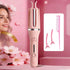 Pink automatic hair curler displayed against a floral background with a styling attachment illustration.