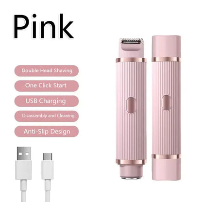 Pink electric hair remover with two grooming devices and USB charging cables.