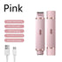 Pink electric hair remover with two grooming devices and USB charging cables.