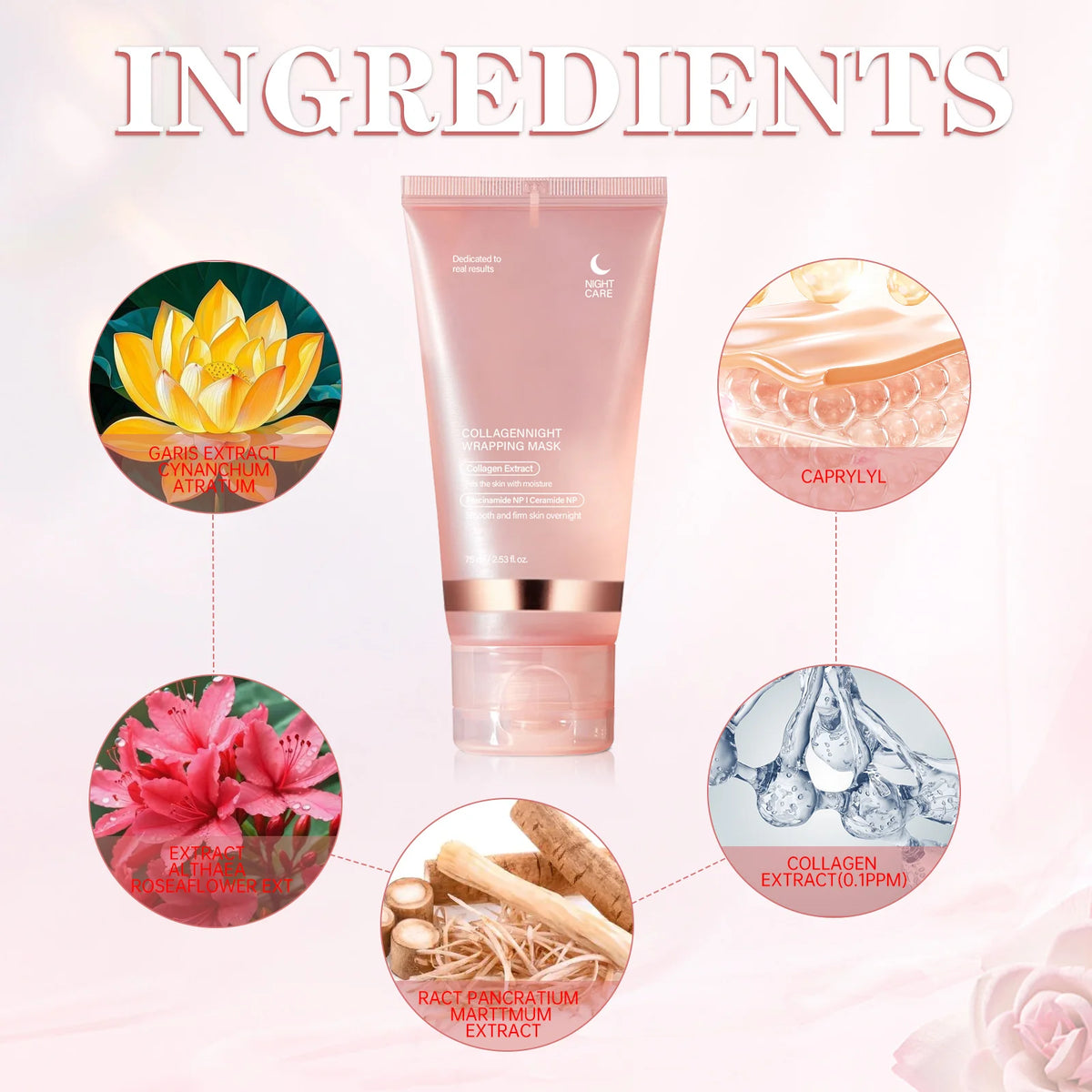 Pink facial cream tube with an infographic showing the product&