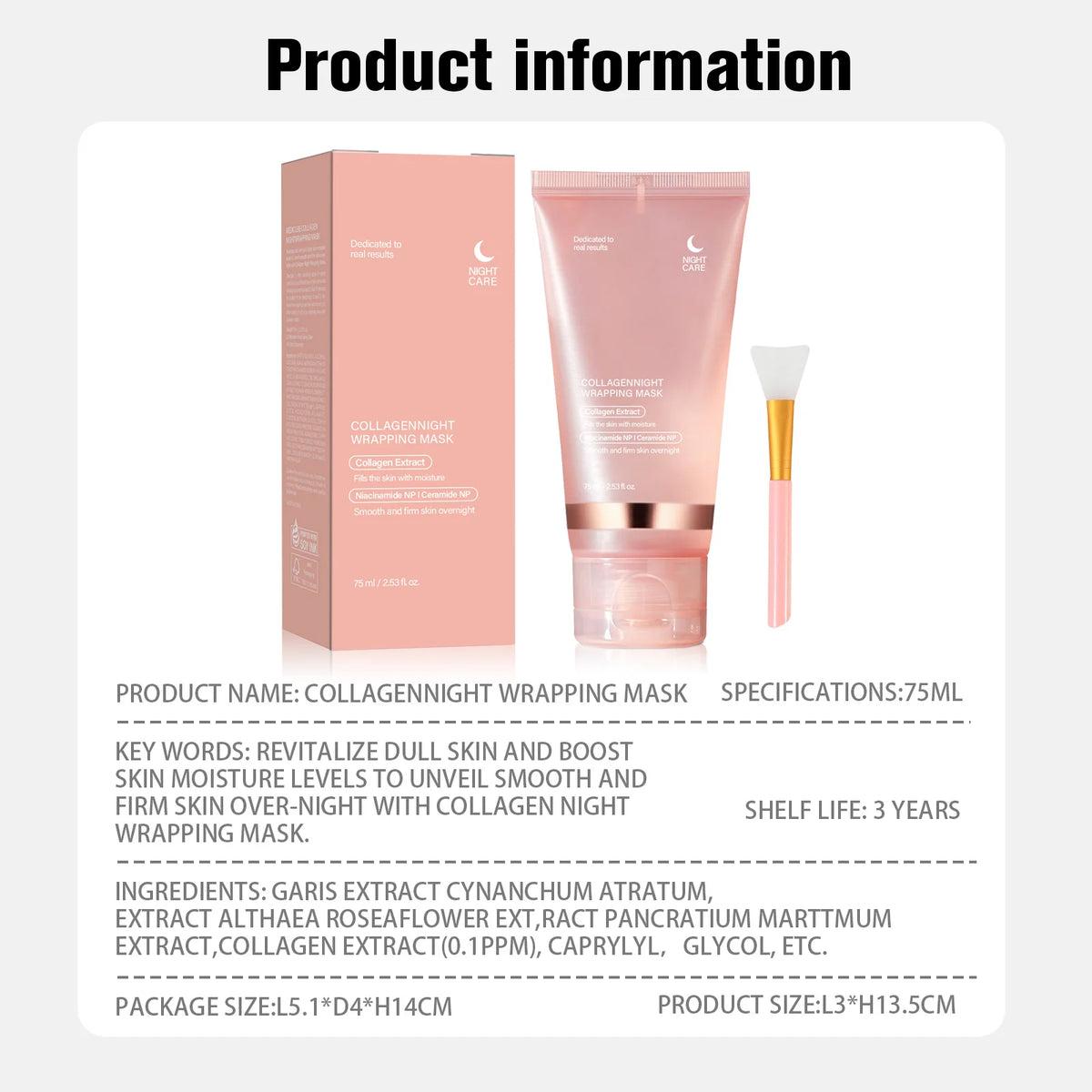 Pink facial cream box, tube and applicator shown alongside a product information chart.