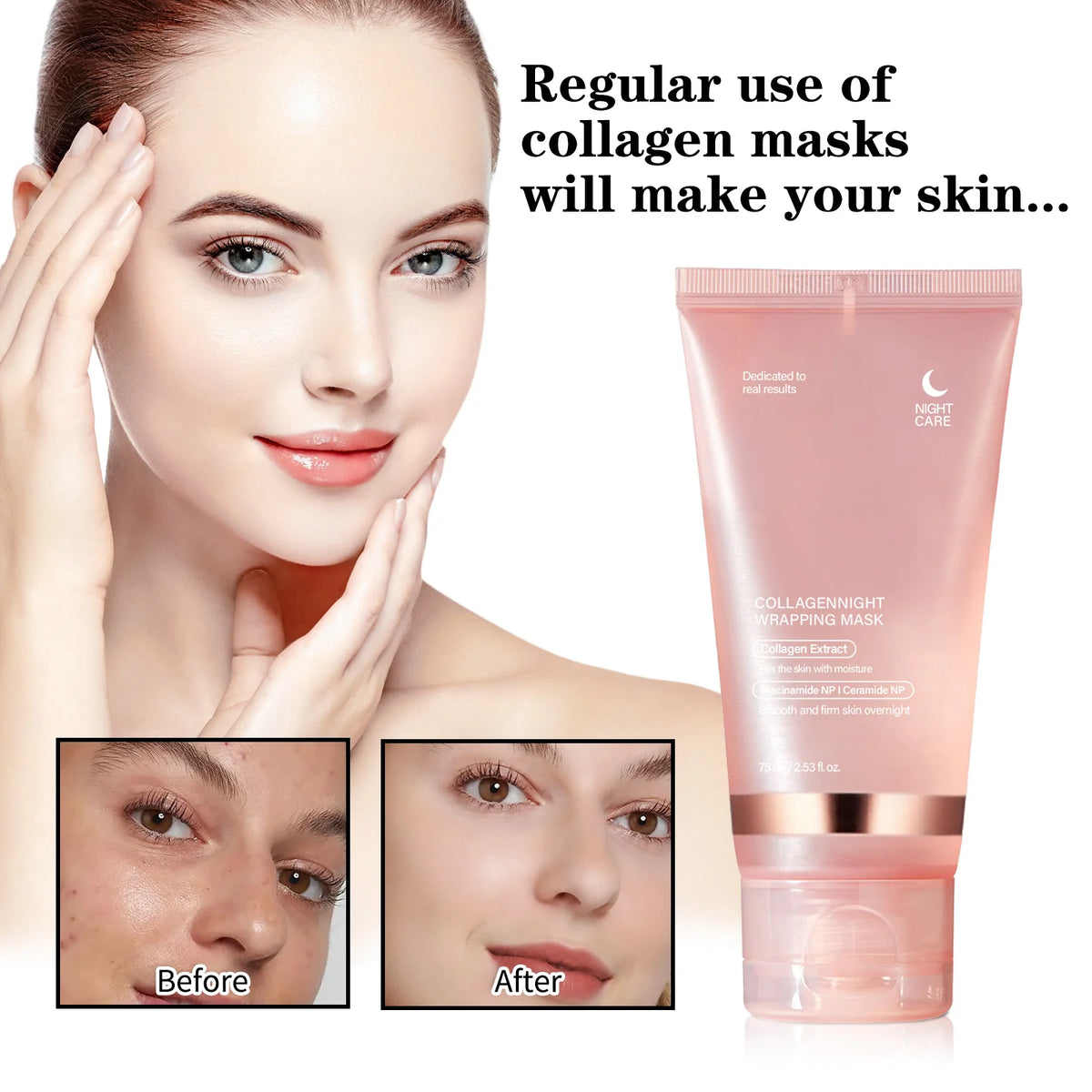 Pink facial night cream tube displayed beside a woman with a skincare routine graphic.