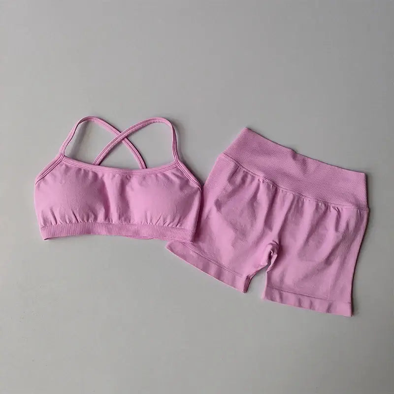 Seamless Sculpt Activewear Set in light pink with matching sports bra and fitted shorts