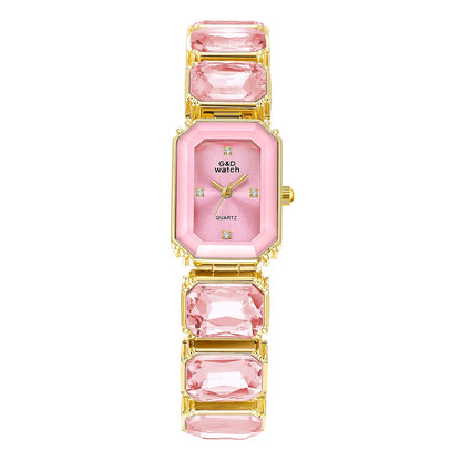 Gold Bracelet Watch for Women Rectangular Dial with a pink dial and pink decorative bracelet stones, front view