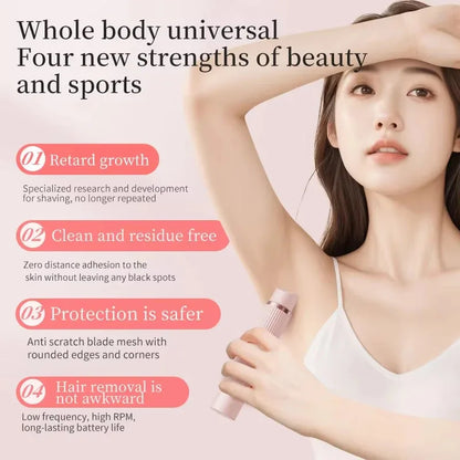 Pink electric hair remover for women with product features and a smooth skin care design.