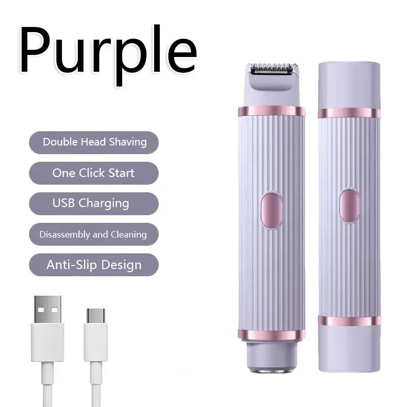 Purple electric hair remover with two grooming devices and USB charging cables.