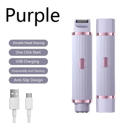 Purple electric hair remover with two grooming devices and USB charging cables.