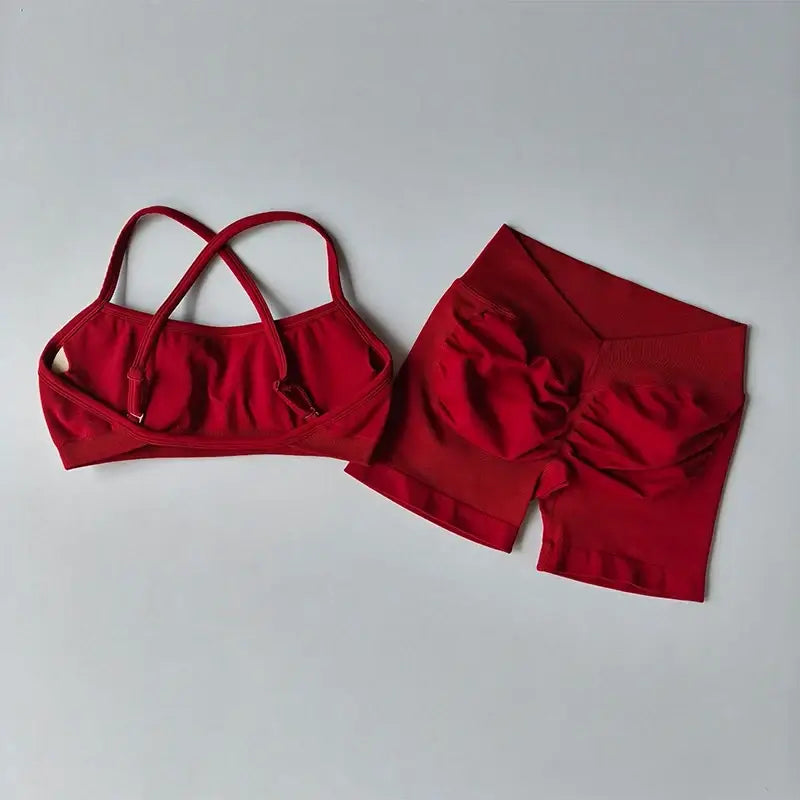 Seamless Sculpt Activewear Set in red with matching sports bra and fitted shorts