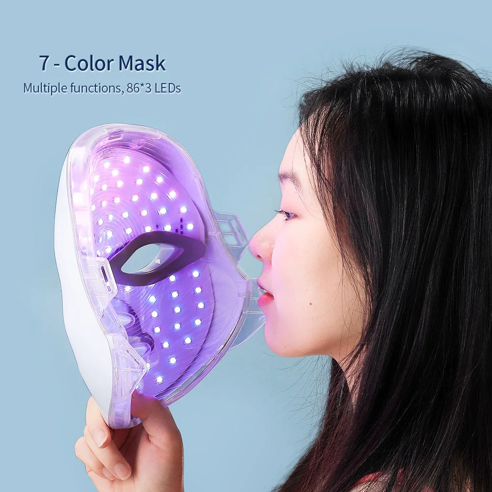 7-Color LED Facial and Neck Therapy Mask shown in purple with multiple light-color options