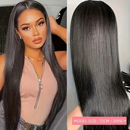 Brazilian Silk Straight Lace Front Wig – Sleek Luxe displayed by model with sleek, straight, 30-inch Brazilian hair.